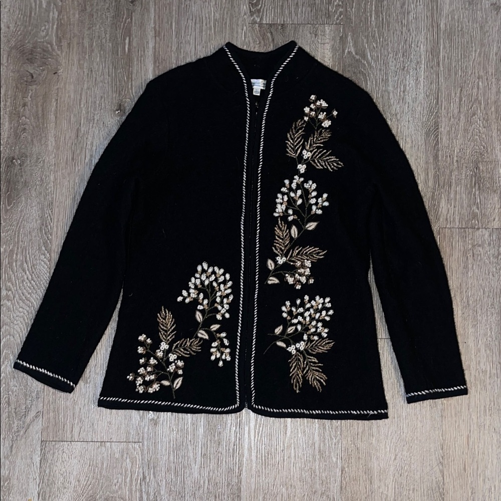 Coldwater Creek Black Cardigan with Floral Embroidery and beads zip up sweater